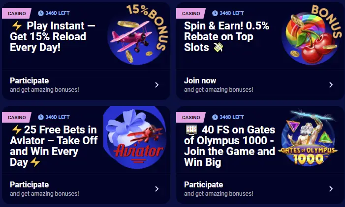 Current bonuses at Spinay Casino