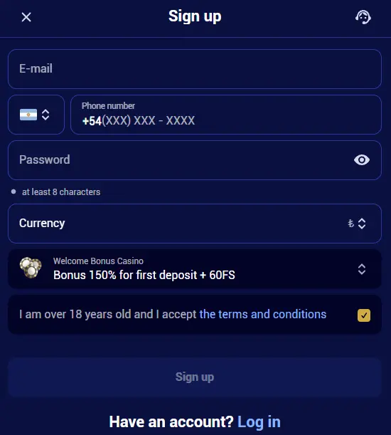 Register and log in to Spinay Casino